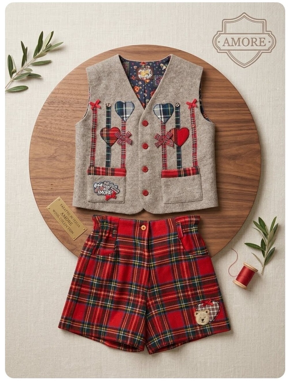 VTG AMORE | Italy Kids Grey Wool Vest & Red Plaid Tartan Shorts Set Christmas